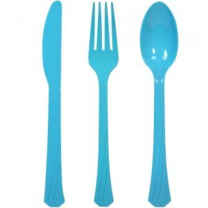 Tiger Chef 72-Pack Plastic Cutlery Set Heavy Duty Colored Plastic Silverware Set includes 24 Forks, 24 Teaspoons, and 24 Knives in Lime Green, Island Blue and Pearl…
