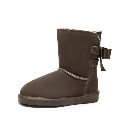 DREAM PAIRS Women's Winter Snow Boots FuzzyChic Bow Genuine Suede Leather Faux Fur Lining Memory Foam Warm Winter Short Booties for Outdoor Indoor 6 Taupe