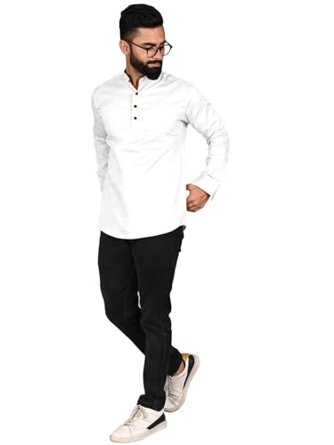 Image of ROYALSCOUT Men Cotton Blend Short Kurta with Mandarin Collar and Button Placket | Full Sleeve Regular Fit Ethnic Wear for Casual and Festive Use