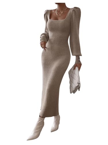 Image of SweatyRocks Women's Scoop Neck Lantern Sleeve Pencil Bodycon Long Maxi Sweater Dress