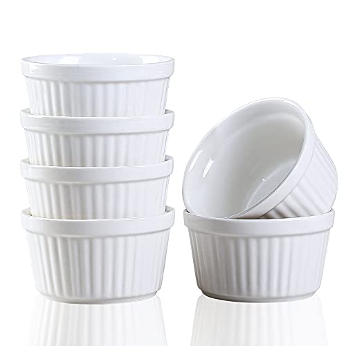 YAZYLIFE Ramekins 6oz Oven Safe Creme Brulee Ramekin and Souffle Dishes Porcelain Baking Bowls Dipping Sauce Dish.Pudding Cups Set of 6 White