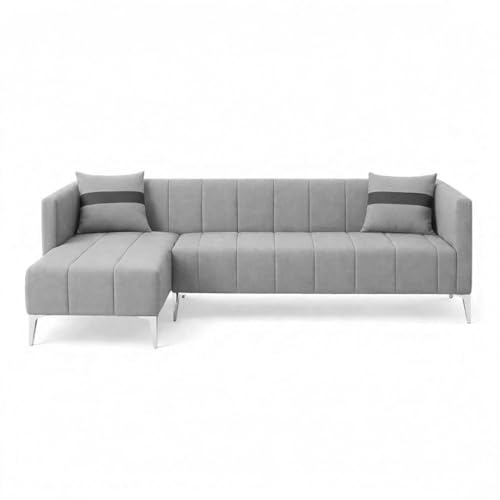 Image of Solomon Luxe Velvet-Suede Fabric 5 Seater LHS L Shape Sofa | Comfortable & Spacious Seating | Modern Sofa for Living Room - Light Gray