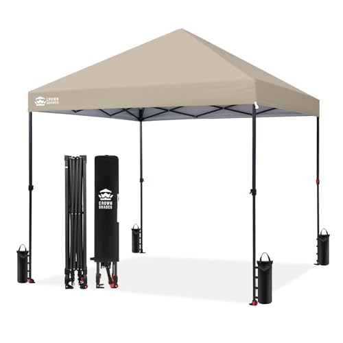 Image of CROWN SHADES 8x8 Pop Up Canopy - Patented Center Lock One Push Instant Outdoor Canopy Beach Tent with STO-N-Go Bag 8 Stakes & 4 Sand Bags,Beige