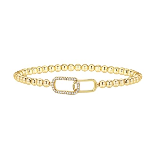 Lisitine Gold Bead Bracelet for Women 14k Gold Plated Beaded Bracelets Gold Stretch Bracelet Jewelry for Women (Zircon square buckle-Gold)