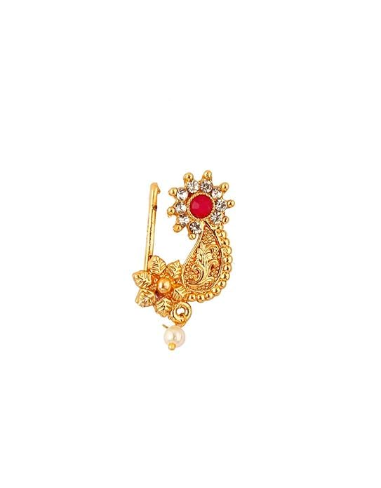 Jewellery Delicate Golden Finishing White Stone Studded / Flower Design / Press On / Maharashtrian / Marathi / Wedding Jewellery / Nath / Nathiya / Banu Style Nose pin / Ring / Non-Piercing / for Women & Girls.-image-34