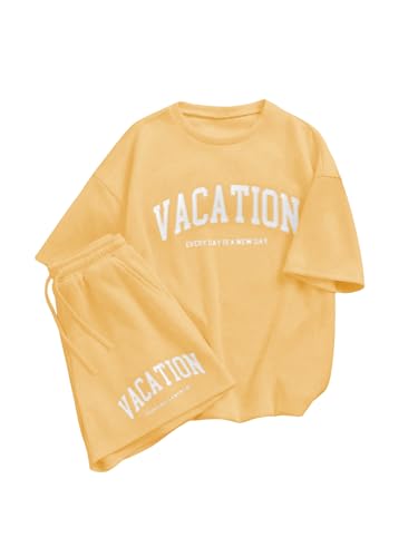 Verdusa Girl's Tracksuit Sets 2 Piece Outfits Letter Print Vacation Tee Top and Drawstring Waist Shorts