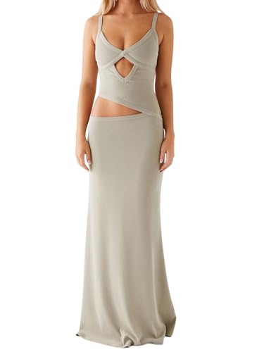Image of Women Cut Out Maxi Dress Sleeveless Spaghetti Strap V Neck Backless Summer Bodycon Long Dress Party Dress