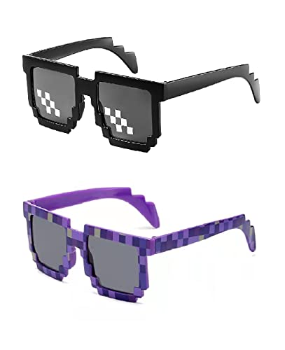 2 pcs Thug Life Sunglasses Mosaic Pixel Sunglasses Adult Kids Party Favors(Purple,Black)