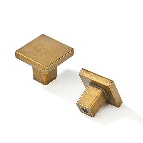 khtumeware 10 Pack Antique Brass Cabinet Knobs 1-1/4 inch(32mm) Solid Heavy Duty Square Bi-Fold Door Knob for Kitchen Bathroom and Dressing Table
