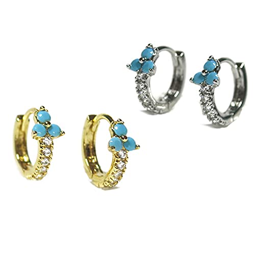 Genuine Sterling Silver 18k Gold Plated Turquoise Huggie Hoop Earrings Ship 24 hrs