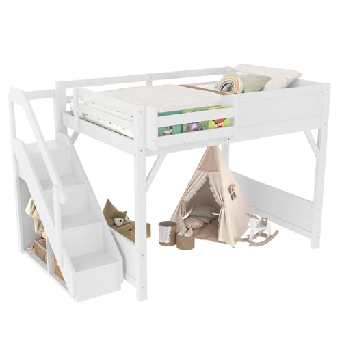 Image of KEIKI Solid Wood Full Size Loft Bed Frame with Stairs, Built-in Wardrobe and Storage Space, Full Loft Bed with Shelves, Full-Length Guardrails, No Box Spring Needed for Bedroom, Light White