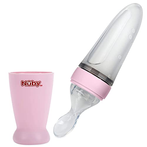 Image of Nuby New & Improved Silicone Food Dispensing Squeeze Feeder with Cover & Stand (Pink)
