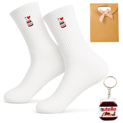 Snyvpra Nutella Geschenke Set, 3 Teile Nutella Socken Personalisiert + Braun Schokobrause + Goldene Tasche, Happy Socks Für Nutella Liebhaber, Lustige Coole Socken Geschenk Für Weihnachten