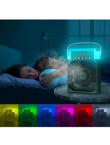 Image of Portable Mini Air Cooler Fan with Water Mist Spray | 3 Wind Speeds | 600ml Tank | 7 Colour LED Light | USB Rechargeable | Desktop Humidifier