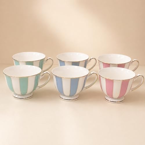 Image of Porcelain Tea Cups Set of 6, Pastel Striped with Gold Rim, Pink, Blue, and Mint Green