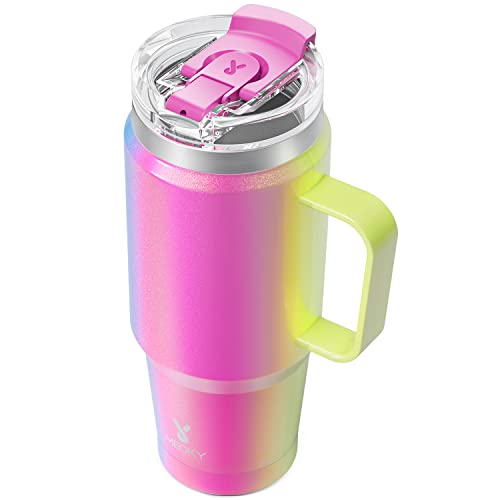 Meoky Vaso de 32 onzas con asa y pajilla, taza de viaje de acero inoxidable con pajilla y tapa 2 en 1, taza de café aislada al vacío, 100% a prueba de fugas, mantiene el frío durante 24 horas, apto
