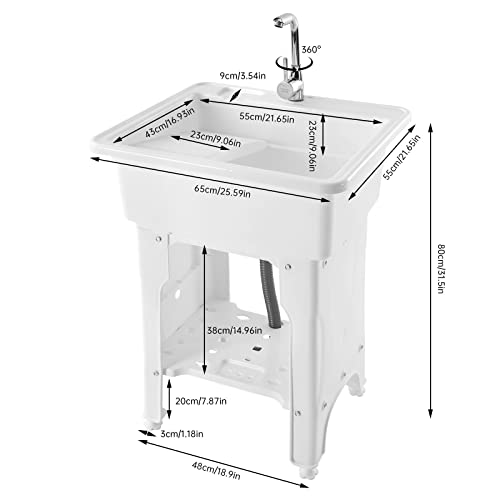 Freestanding Laundry Utility Sink Sanitation Wash W/Faucet, Rectangular Spacious White, W/Washboard Cold&Hot Water Tap Kit Freestanding #TOP1