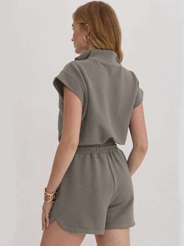 Image of Rompers for Women Summer Short Sleeve Half Zip Lapel Collar Jumpsuit Casual Drawstring One Piece Outfits with Pockets