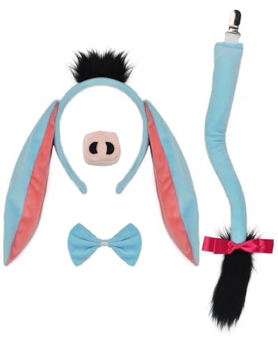 HODRME 4 Pieces Donkey Ears and Tail Set-Donkey Headband with Tail Nose Bow Tie Costume Accessories for Halloween Theme Party (Blue)
