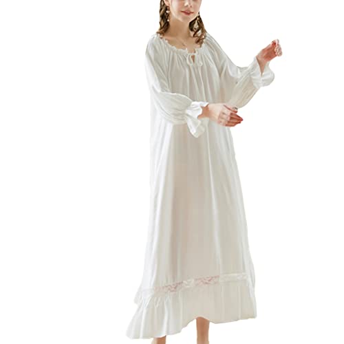 Camisones Vintage de Manga Larga de Encaje Camisón Victoriano Largo Sueño Vestido Comodo Suave Pijamas Estilo Princesa Ropa de Dormir Loungewear Nightie Lounge Vestidos con Volantes Blanco M Cover