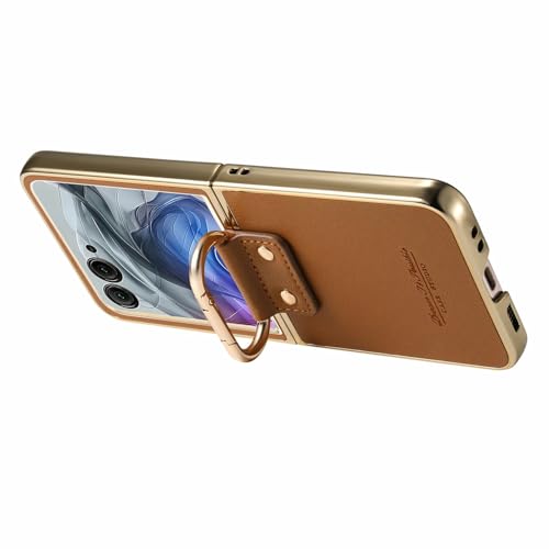 Image of for Motorola Razr 50 Ultra 5G Case Electroplating Leather Coated PC Phone Cover with Spring Ring Buckle Kickstand - Brown