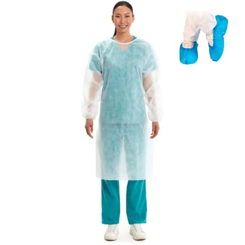 Pack de 10 Batas sanitarias desechables de polipropileno + 200 cubrezapatos desechables CPE celestes | 25gr con puño de punto | Talla M | Marca Flosteril
