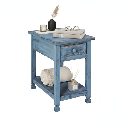 Alaterre Furniture Country Cottage Chairside End Table – Narrow Rustic Farmhouse Side Table with Drawer & Lower Shelf for Living Room or Bedroom (Distressed Antique Blue)