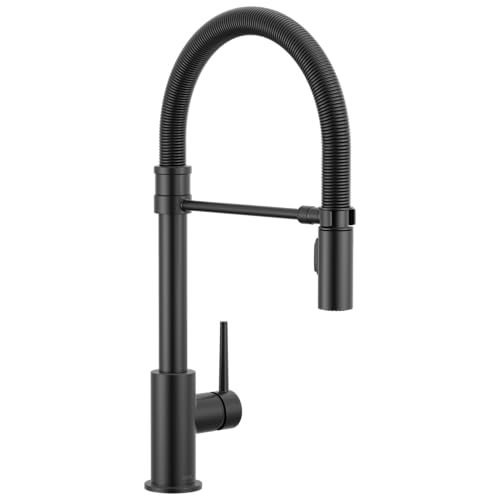 Image of Delta Trinsic Pro Style Commercial Kitchen Faucet with Pull Down Sprayer, Single Hole Matte Black Kitchen Sink Faucet, Single Handle, Matte Black 9659-BL-DST