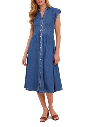 Ladyful Women's Denim Shirt Midi Dress Button Down Collared V Neck Sleeveless Jean Dress Chambray A-Line Sundress