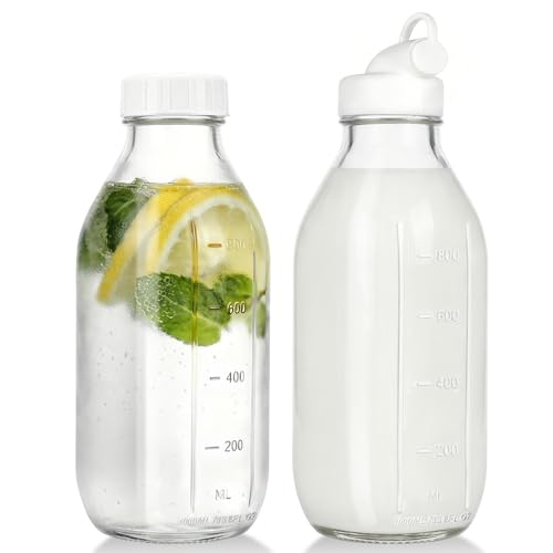Image of CUCUMI Moretoes 32 Oz Glass Milk Bottle with Reusable Strong Airtight Screw Lid, Reusable Glass Juice Bottles, Water Jug Breast Milk Pitcher, Buttermilk, Nut, Juice, Syrup, Coffee Creamer (2 Pack)