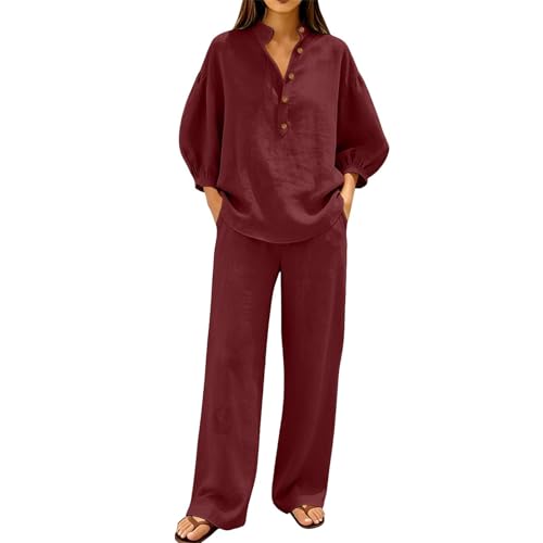 Ensemble coton et lin col en V avec poches et pantalon jambes larges rouge XL