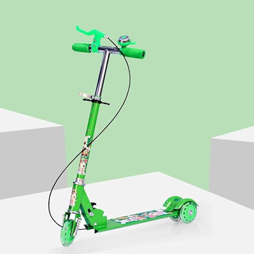 Image of Foldable Kick Skating Cycle LED Wheels | Kids 3 Wheel Kick Scooter with Adjustable Handlebar & Hight, Front Brake, Bell and Printed Deck | Skate Scooter for Kids Age 2-12 Years. (Green)