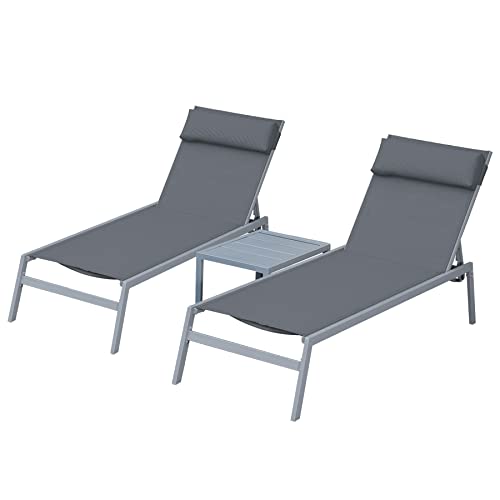 Domi Outdoor Living 3 Pieces Adjustable Chaise Lounge Set Outdoor Patio Lounge Chair All Weather Five-Position Recliner Chair Set W/Coffee Table For Patio cover