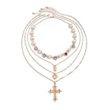 Gold Statement Necklace For Women Dainty Pearl Colorful Crystal Gemstone Necklace Multilayered Gold Heart-Shaped Cross Pearl Necklace Fashion Jewelry For Women (four)