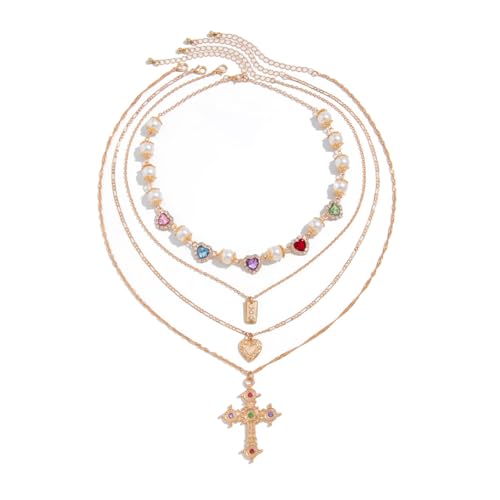 Gold Statement Necklace For Women Dainty Pearl Colorful Crystal Gemstone Necklace Multilayered Gold Heart-Shaped Cross Pearl Necklace Fashion Jewelry For Women (four)