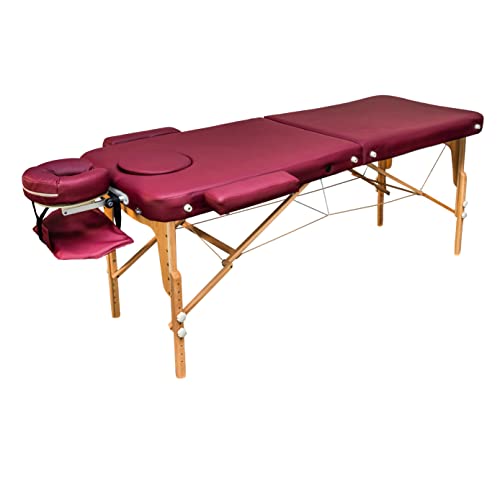 ZEN Basic III Flat Massagetafel, inklapbaar en in hoogte verstelbaar - mobiele massagetafel van massief hout met verstelbare aluminium hoofdsteun en cosmeticatas, kleur bordeauxrood