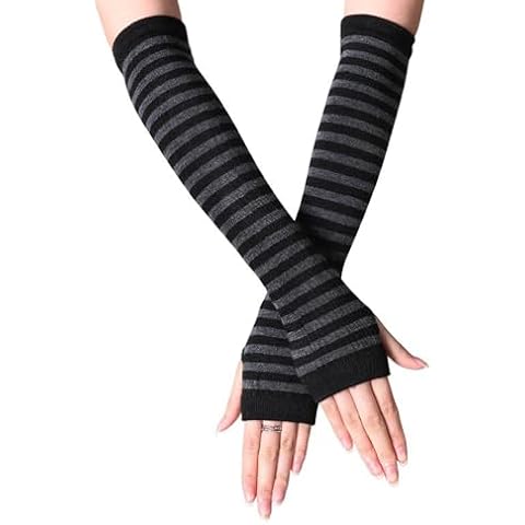 UTTPLL Womens Punk Gothic Long Arm Warmers Fashion Striped Fingerless Gloves Winter Warm Knitted Stretchy Mitten Thumb Hole Wrist Warmer Halloween Costume Stripe Black Grey Cover