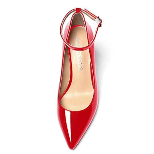 WAYDERNS Women's Patent Leather Solid Ankle Strap Pointed Toe Strappy Buckle Stiletto High Heel Pumps Shoes 3.5 Inch3