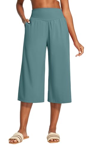 Heathyoga Capri Pants for Women Wide Leg Casual Pants for Women High Waist Lightweight Capris for Summer with Pockets Lounge Green