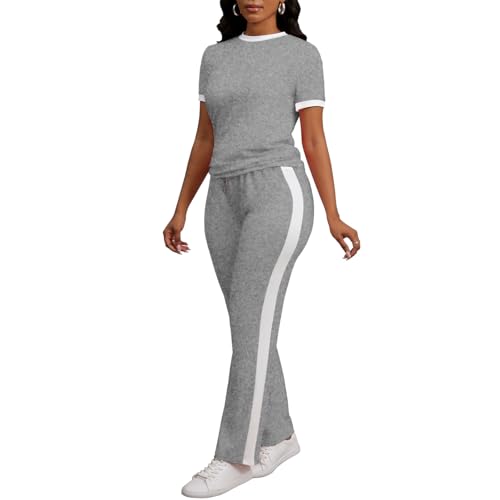 PINSV Women's 2 Piece Outfits Short Sleeve Tops Sweatpants Colorblock Bodycon Lounge Sets Tracksuit2