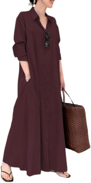 Women's Summer Classic Vintage Button Shirt Dress Seven Sleeve Side Pocket Solid Color Maxi Long Dresses