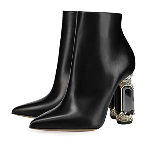 FSJ Women Chic Pointed Toe Crystal Chunky Block High Heel Ankle Boots Glossy Side Zipper Casual Daily Ladies Shoes Size 10 Black Cover