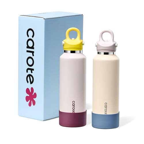 CAROTE 2-Pack Insulated Stainless Steel Water Bottles, One Click Open Tumblers with Removable Silicone Boot Sleeve, Leakproof and BPA Free, Great for Travel, 20 Oz Set of Two (Blue & Purple)