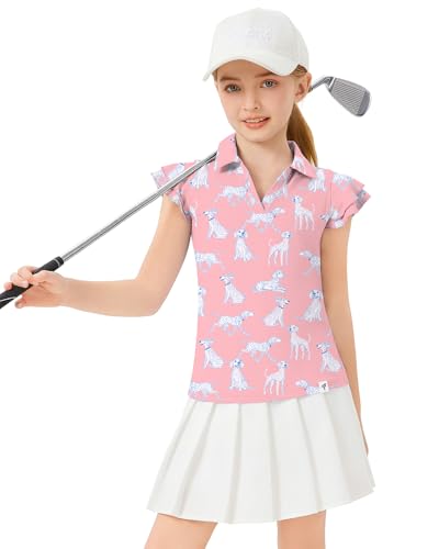 Image of Soneven Girls Ruffle Sleeve Polo Shirts V-Neck Golf Tennis T-Shirts Uniform Shirts Quick Dry for 4-14 Years