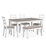 Signature Design by Ashley Stonehollow Modern Farmhouse Dining Table with Upholstered Chairs and Bench, Set of 6, White & Gray