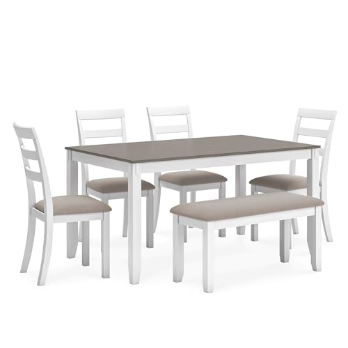 Signature Design by Ashley Stonehollow Modern Farmhouse Dining Table with Upholstered Chairs and Bench, Set of 6, White & Gray