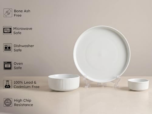 Image of Bodhi House 14-Piece Ribbed Porcelain Dinner Set for 6, White Dinnerware Set with Dinner Plates, Katori & Serving Bowls, Chip Resistant, Lightweight, Microwave & Dishwasher Safe Crockery Set