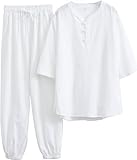 WHESAZYP Tai Chi Anzüge Tai Chi Kleidung Damen Kung Fu Uniform Baumwollleinen Kampfsport Set Kurzarmhose Zen Meditationsuniform Tang Anzug Traditionelle chinesische Kleidung (Weiß L)