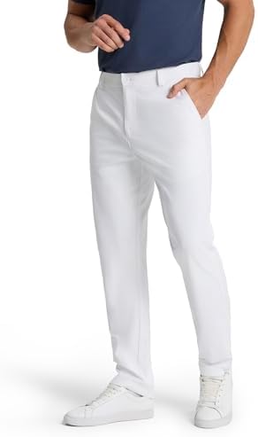 SNOWTEN Mens Golf Pants Classic Fit Stretch Work Dress Pants 30" Quick Dry Lightweight Casual Comfy Pants with Pockets White 34w × 30L
