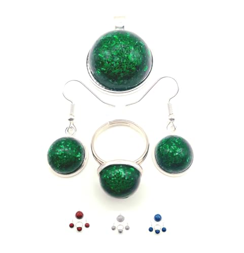 ORGONITA AUTÉNTICA Colgante, Anillo y Pendientes (4 colores) para mujer. Conjunto protector, electronite, piedra orgonita, Orgón hecho a mano (Verde)